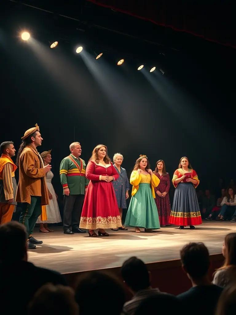 A dramatic moment on stage with local residents acting in costume, with simple set pieces and expressive lighting, during a community theater performance produced by CACE AIGLON.