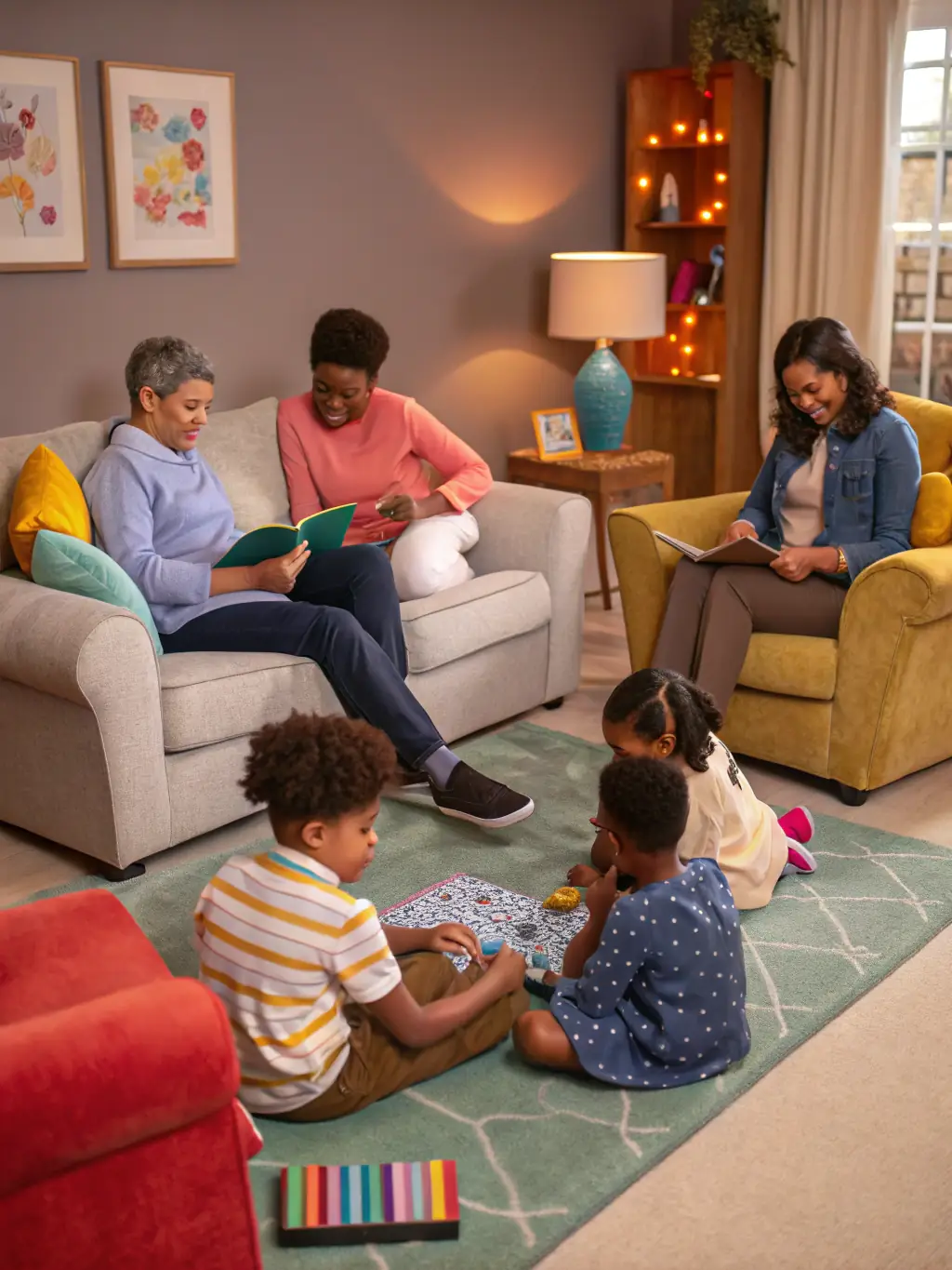 A cozy indoor scene of seniors and children sitting together, sharing stories and crafts, with cultural artifacts and artwork displayed in the background, representing an intergenerational cultural exchange event.