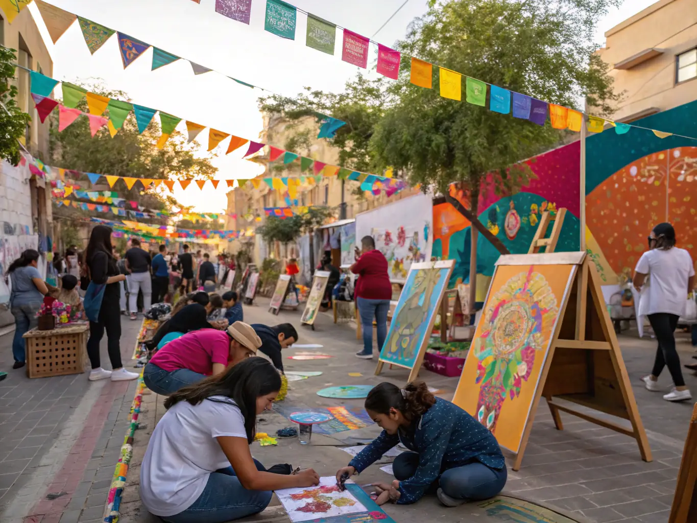 A lively outdoor scene of families and artists gathered at a community festival, with colorful banners, a small stage for live music, and children participating in art activities, capturing the joyful atmosphere of a local cultural event.
