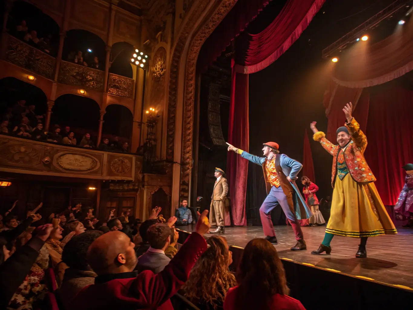A warm photograph of a community theater performance, with local residents acting on stage in costume, an audience watching attentively, and stage props reflecting a collaborative production.