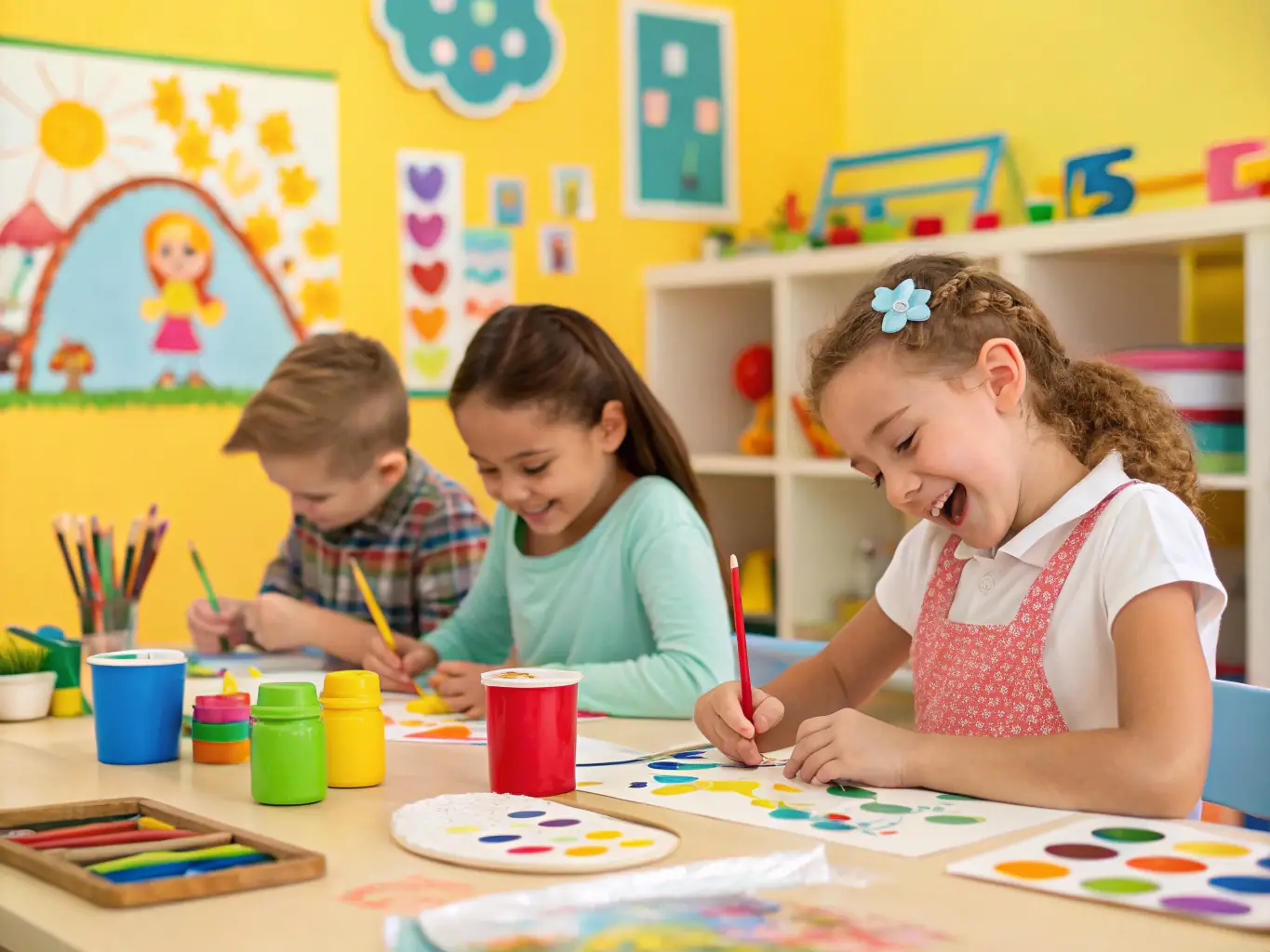 A dynamic image of children and teenagers participating in an art workshop, painting and creating crafts under the guidance of an instructor, with colorful materials and smiling faces.