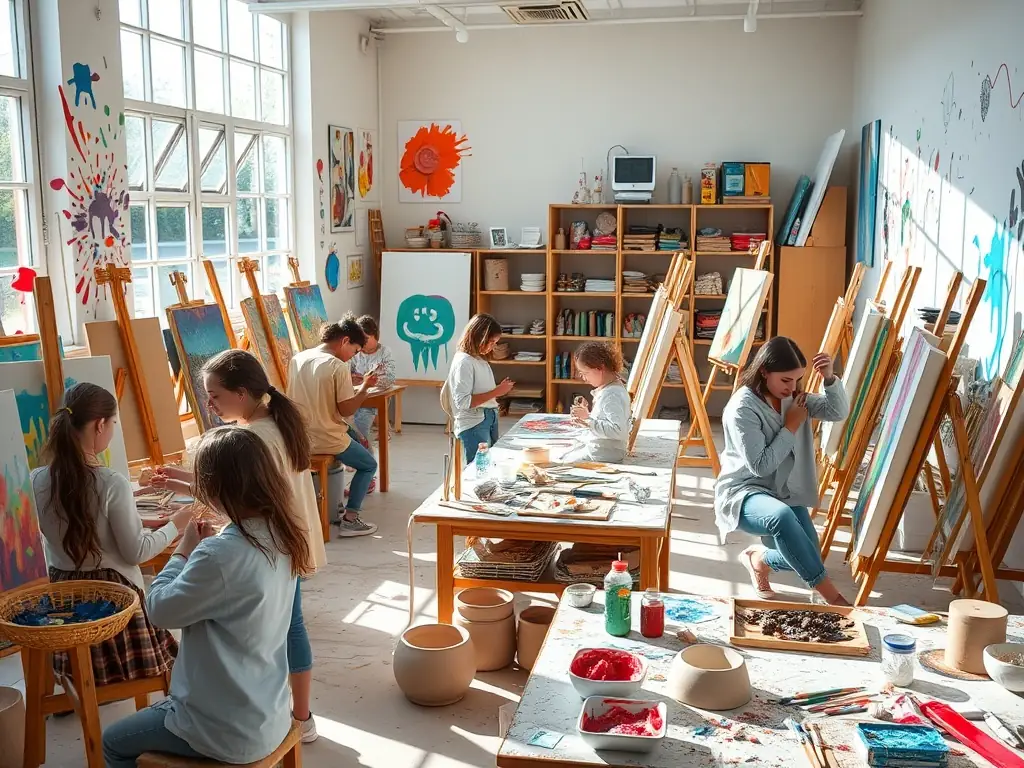 A group of teenagers and children painting on easels and playing musical instruments in a bright, welcoming studio, with an instructor guiding them, illustrating an engaging youth art workshop session.