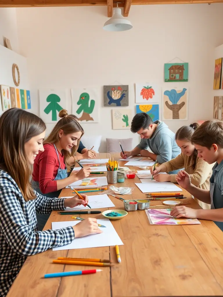 A vibrant photo of children and teenagers painting together at a long table, surrounded by colorful art supplies, in a bright community center during a youth art workshop organized by CACE AIGLON.