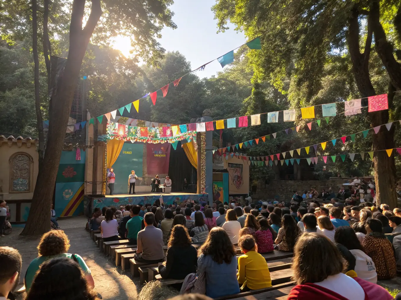 A colorful photograph of a lively outdoor cultural festival organized by CACE AIGLON CTRE ANIMATION CULTURELLE DE L AIGLON, featuring musicians performing on stage, families enjoying the event, and local artists displaying their work.